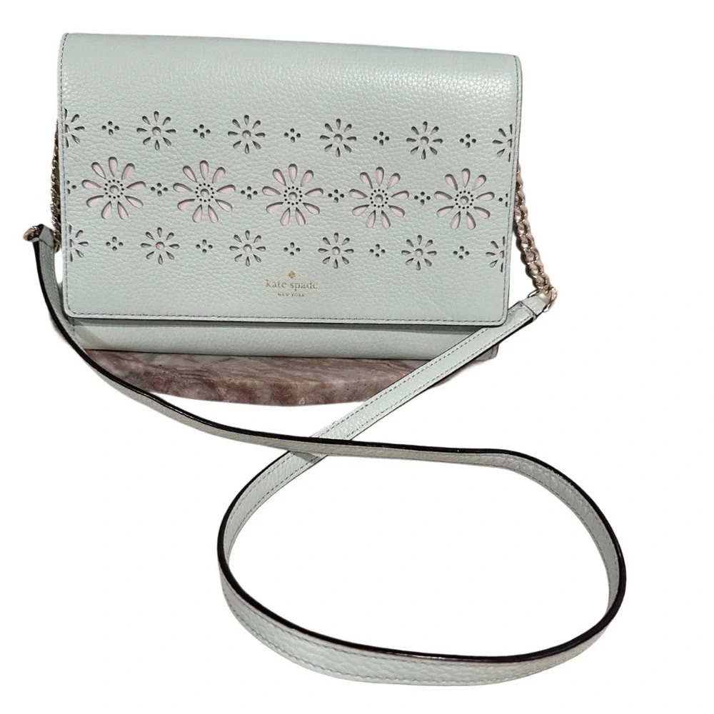 Kate Spade Valencia Faye Drive Crossbody Gold Chain Bag Pebbled Leather Mint NEW